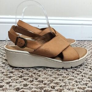 Born Brown Leather Wedge Sandals Slingback Comfort